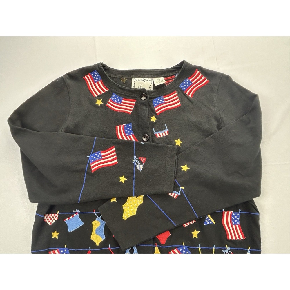 Vintage Michael Simon Lite Cardigan S Black USA Flag Swimsuit Novelty 90s